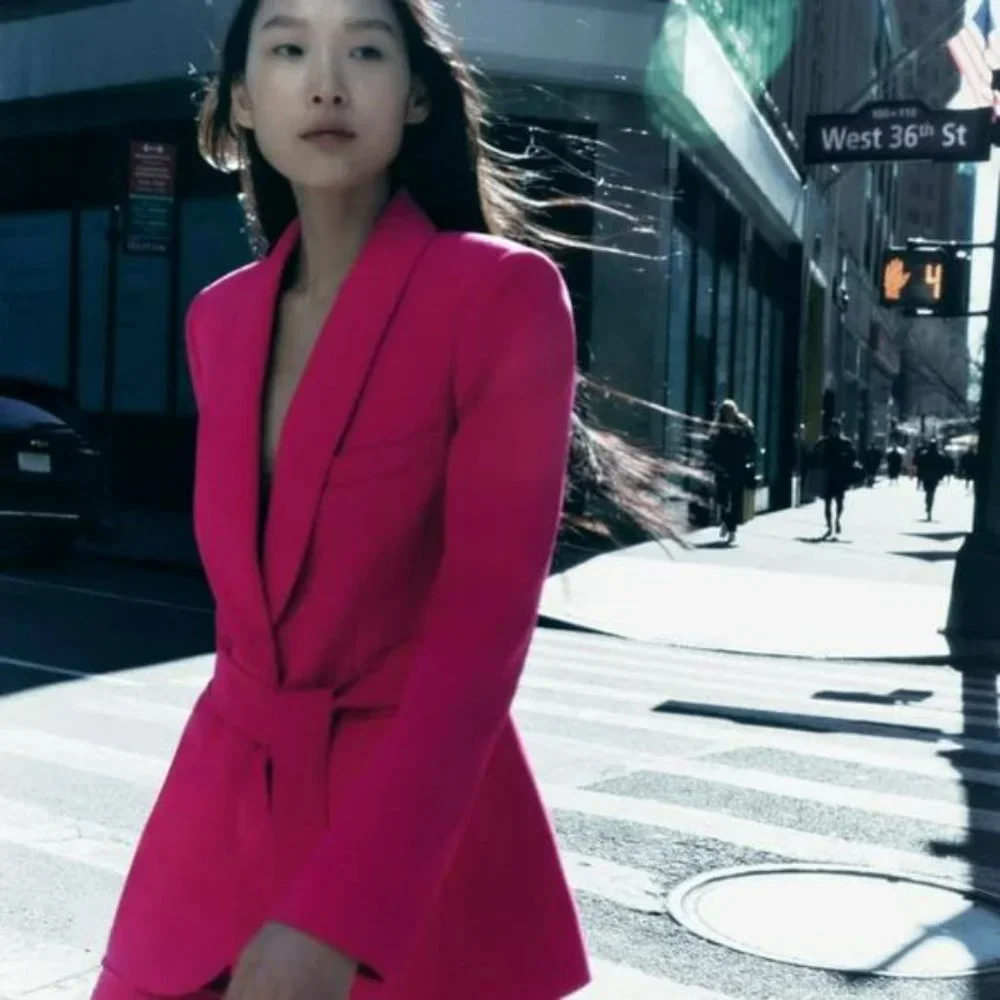 ZARA BELTED TUXEDO COLLAR BLAZER NEON FUSCHIA - Picture 10 of 13